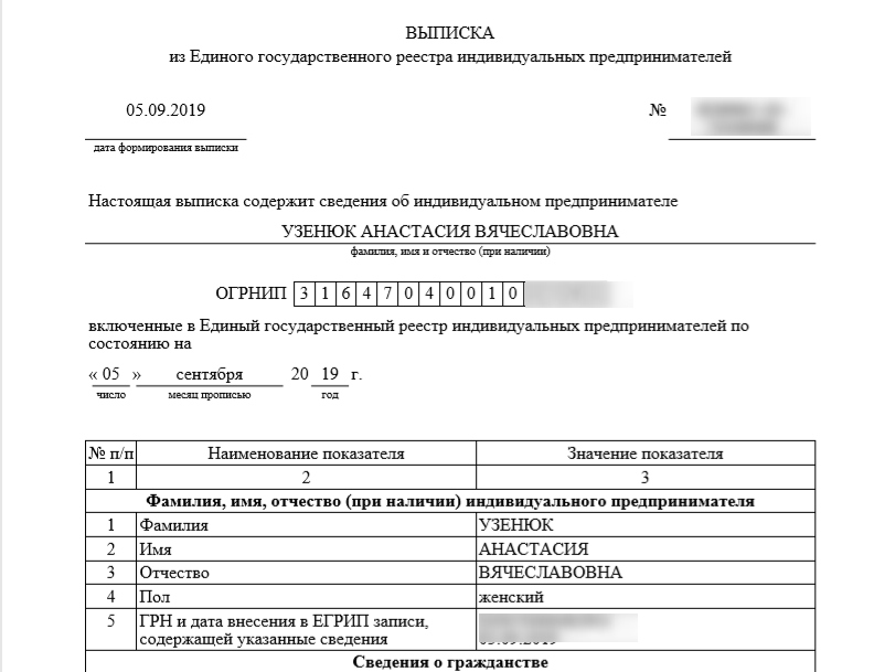 Выписка из ЕГРИП с новой фамилией Насти Фото: «Инстаграм»